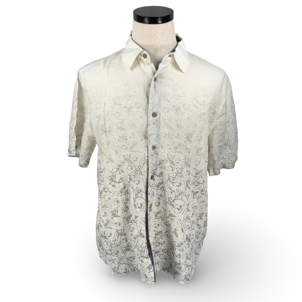 Carbon 2 Cobalt Mens Medium Linen Short Sleeve Button Up Shirt White Gray Floral